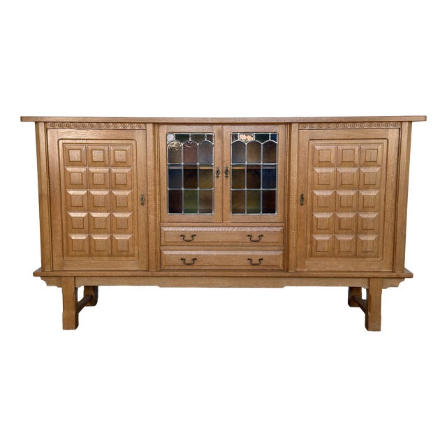 Mid-Century Modern Oak Credenza with Leaded Glass by Henning Kjærnulf, 1960s For Sale