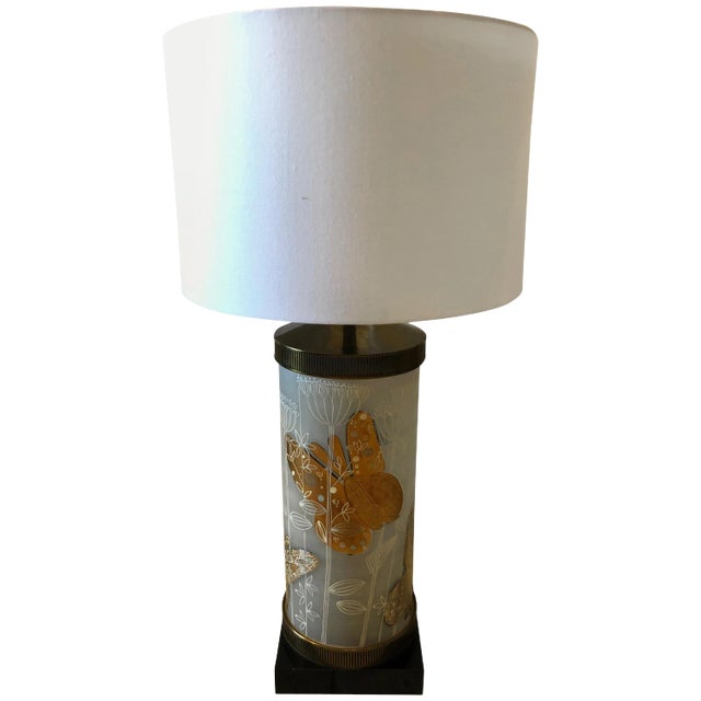 Large Mid-Century Modern Cylindrical Butterfly Motife Table Lamp For Sale