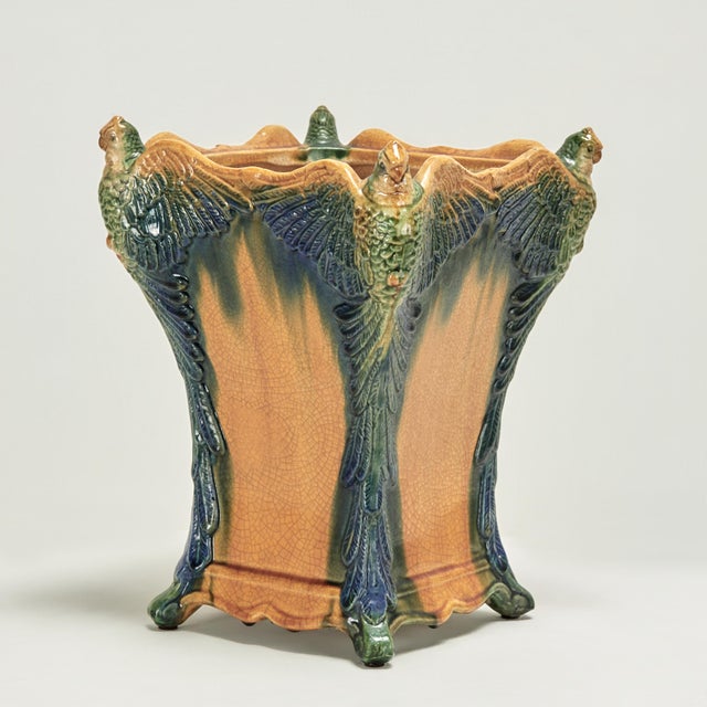 Antique Majolica Vase or Vessel With Birds For Sale - Image 4 of 11