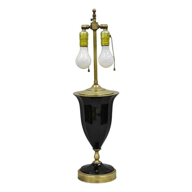 Antique French Neoclassical Black Faceted Opalene Glass Urn Brass Table Lamp For Sale
