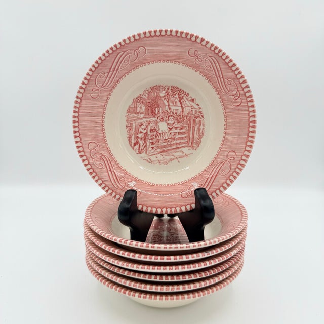 1950s 1950s Royal Ironstone Currier & Ives Red Transferware Berry Bowls - Set of 7 For Sale - Image 5 of 5