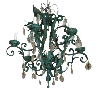 Verdigris Painted Tole and Iron Scroll Arm Chandelier With Crystals For Sale