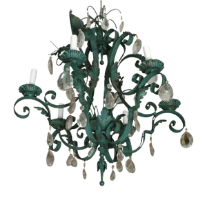 Verdigris Painted Tole and Iron Scroll Arm Chandelier With Crystals