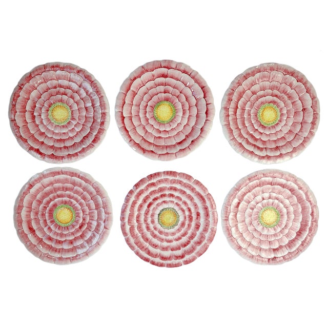 1980s Vintage Barney's New York Large Majolica Pink Flower Chargers "Mint Condition" - Set of 6 For Sale - Image 5 of 6