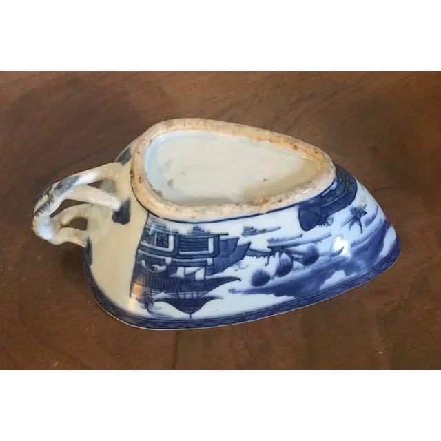 Ceramic Antique Early 19th Century Chinese Export Blue & White Canton Porcelain Gravy Boat For Sale - Image 7 of 13