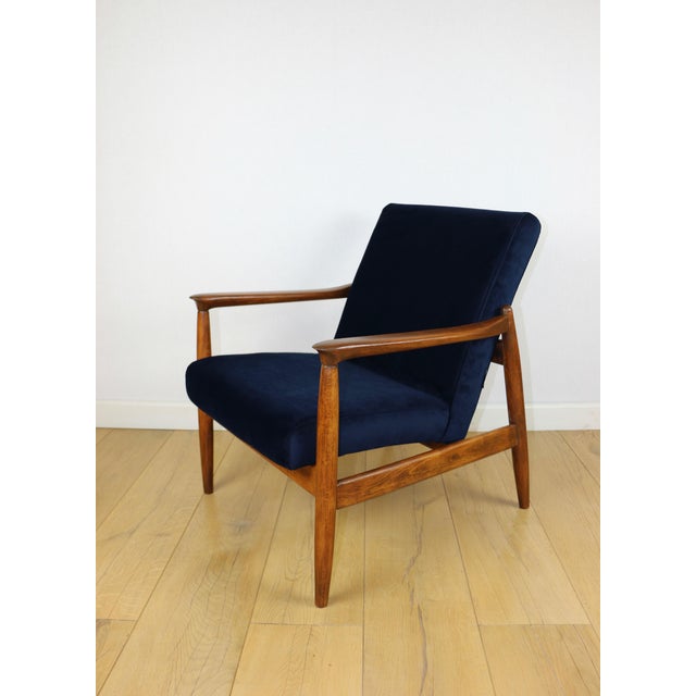 Brown Navy Blue GFM-64 Armchair in Dark Wood from Edmund Homa, 1970s For Sale - Image 8 of 13