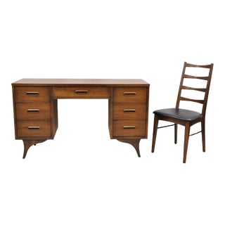 Mid 20th Century Vintage Mid Century Modern Walnut Sculpted Legs Kneehole Desk & Chair - 2 Pc Set For Sale