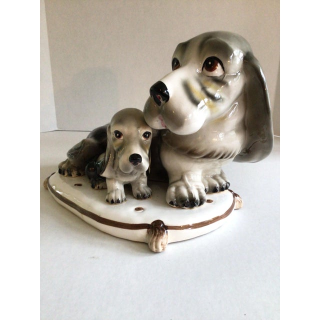1950s Japanese Porcelain Hound Dog and Pup on Pillow Scultpture Hand Painted Maker: TILSO