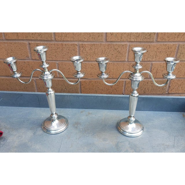 Traditional Pair of Weighted Sterling Silver Convertible Three-Light Cadelabra For Sale - Image 3 of 6