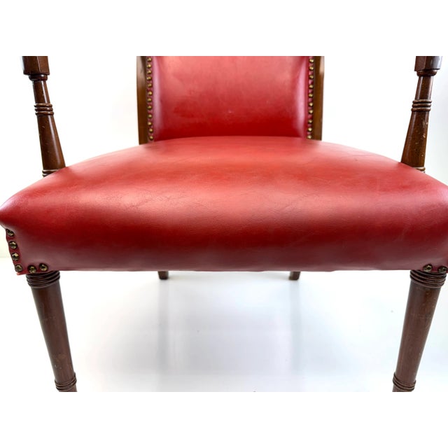 Mid 20th Century Red Leather Armchair With Curved Wood Arms and Brass Nailhead Trim For Sale In Little Rock - Image 6 of 12