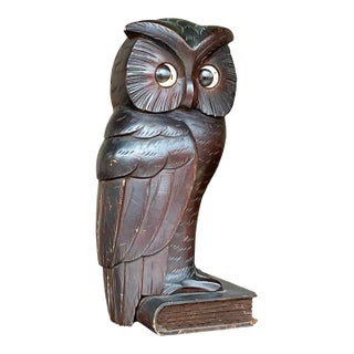 Vintage Deco Oswald Oshur Carved Wooden Owl Clock For Sale
