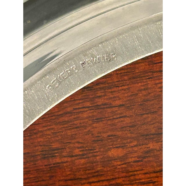 Metal 1970’s Revere Pewter 8” Round Tray With Faux Wood Surface For Sale - Image 7 of 9
