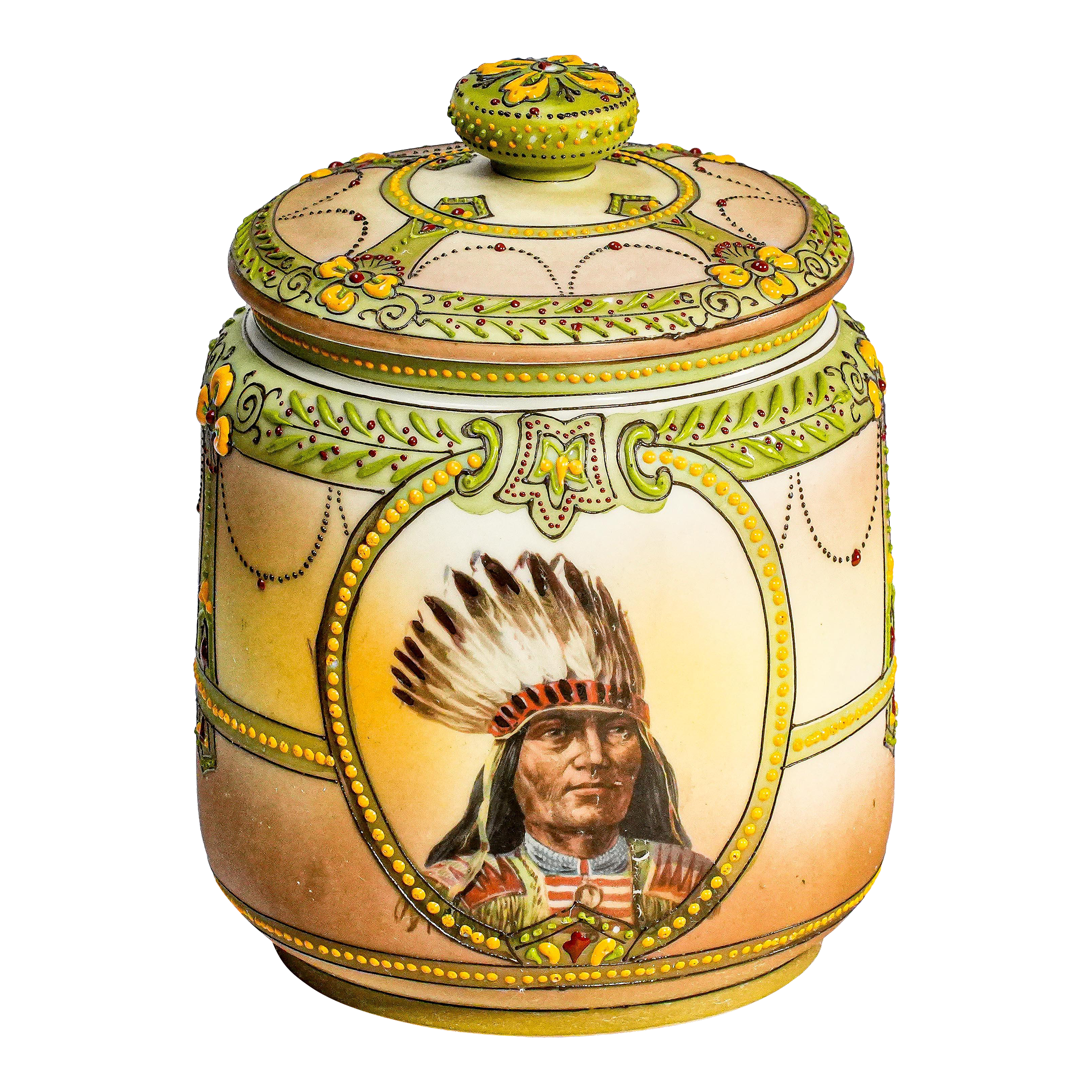 indian tobacco jar Hand Painted Chief Savinelli Indian Antico Ceramic Tobacco