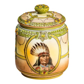 Rare Nippon Antique Hand Painted Native American Indian Chief Tobacco Humidor Porcelain Lidded Jar For Sale