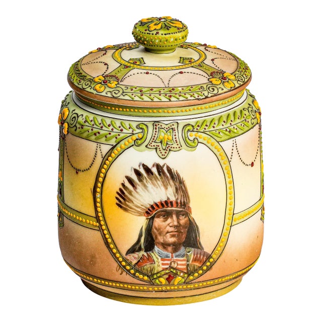 Rare Nippon Antique Hand Painted Native American Indian Chief Tobacco Humidor Porcelain Lidded Jar For Sale