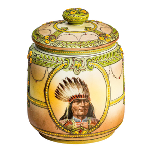 Rare Nippon Antique Hand Painted Native American Indian Chief Tobacco Humidor Porcelain Lidded Jar