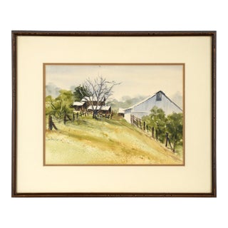Grey Barn and Brown House - Rural California Landscape in Watercolor on Paper by Alice Duke For Sale