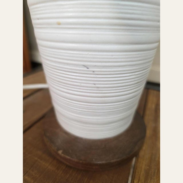 1970s 1970s Mid Century Modern White Ceramic Table Lamp, Wood Base 29" Rewired For Sale - Image 5 of 11