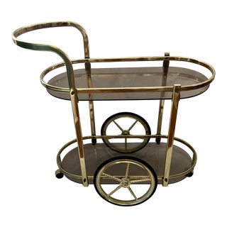 Vintage Brass & Smoked Glass Bar Cart For Sale