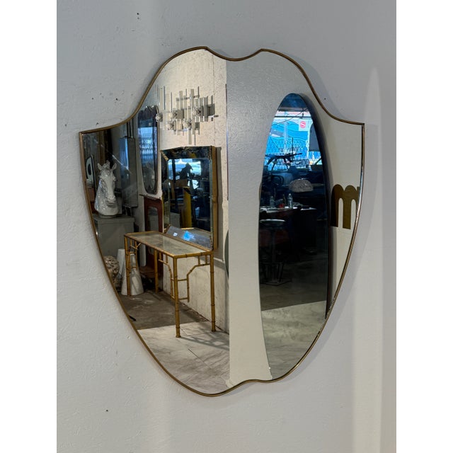 Glass Italian Mid-Century Brass Framed Shield Wall Mirror, 1950s For Sale - Image 7 of 9