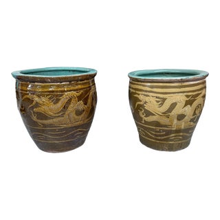 Tony Duquette Style Dragon Egg Pot Ochre Turquoise Planters - a Pair For Sale