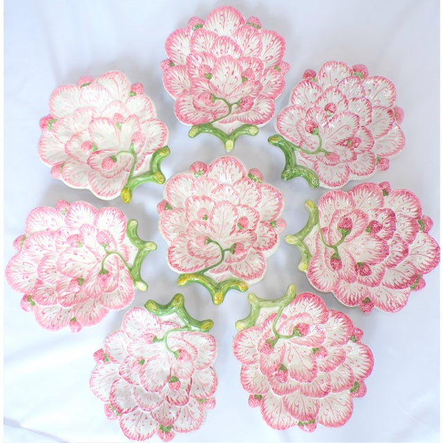 1980s Vintage Strawberry Majolica Plates, Set of 8 For Sale - Image 5 of 12