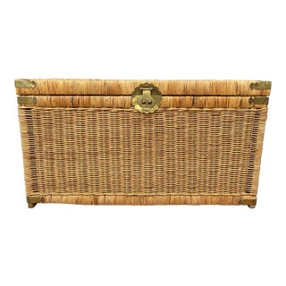 1970's Chinoiserie Rattan Trunk/Coffee Table With Brass Hardware For Sale
