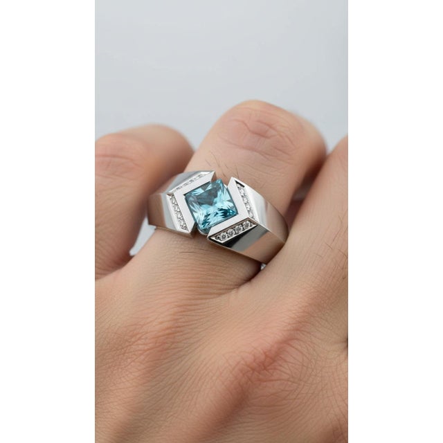 Square-Cut Blue Topaz Architectural Silver Cocktail Ring, Size 7.5 For Sale - Image 4 of 8