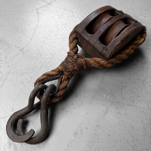 Black Japanese Wooden Double Pulley with Forged Hooks, 1900s For Sale - Image 8 of 11
