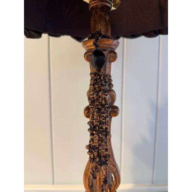 Metal Vintage Carved Table Lamp With Decorative Beaded Detail & Shade For Sale - Image 7 of 12