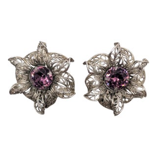 Vintage 1950s Signed Napier Silvertone Filigree Faux-Amethyst Flower Clip Earrings- 2 Pieces For Sale