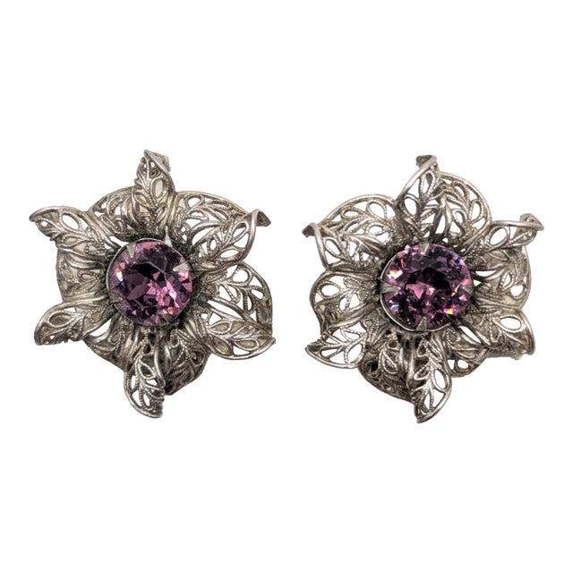 Vintage 1950s Signed Napier Silvertone Filigree Faux-Amethyst Flower Clip Earrings- 2 Pieces For Sale