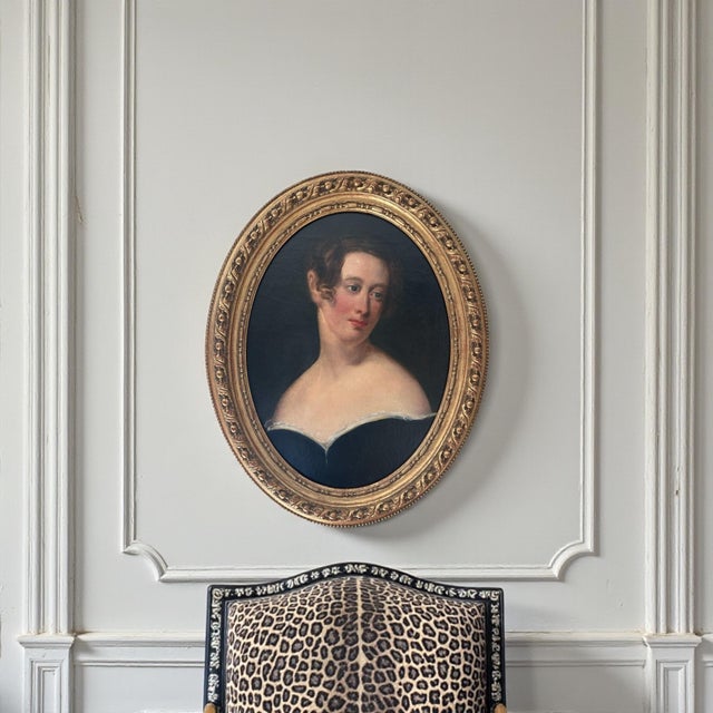 Wood 19th Century Oil on Canvas English School Portrait of a Lady – Gilt Oval Frame For Sale - Image 7 of 7