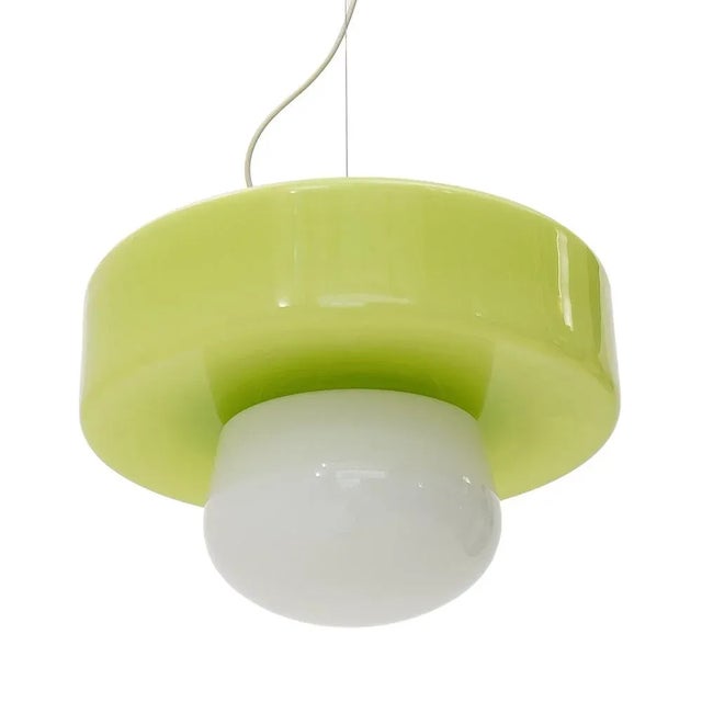 Rosette and metal parts of the lamp body in nickel-plated brass. Double diffuser in Murano glass, one white and one green....