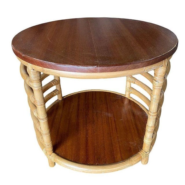 1950s Restored Two-Tier Round Ladder Side Pole Rattan Side Table W/ Mahogany Top For Sale - Image 4 of 5