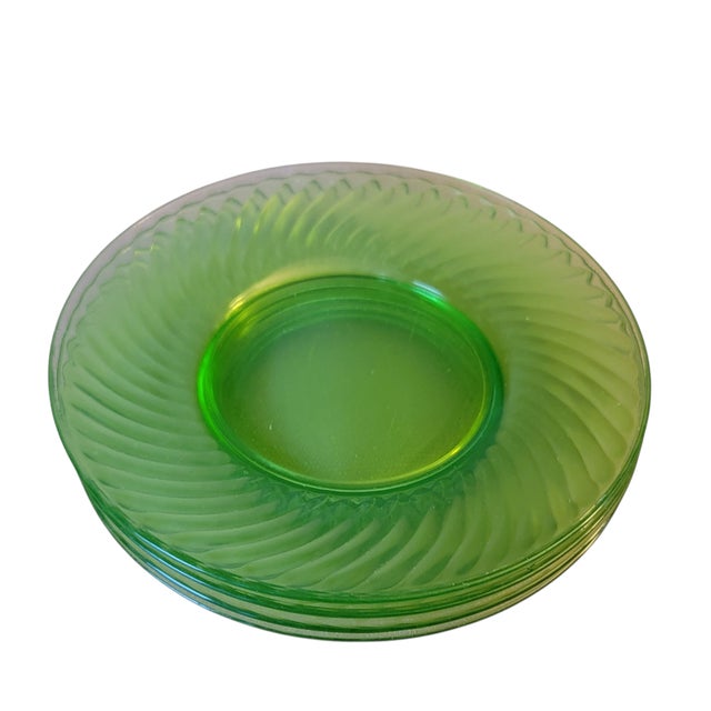 Set of 4 Transparent Green Uramium Glass Salad Plates Early 20th Century For Sale - Image 4 of 16
