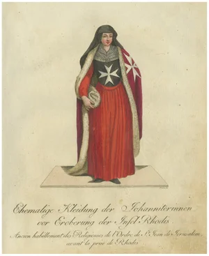 Schwan, Pre-Rhodes Hospitaller Nun: 1791 Colored Engraving of Historic Ceremonial Dress, 1791, Print