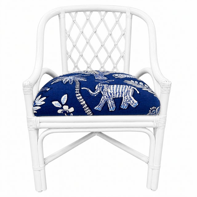 Blue Vintage Lacquered Diamond Rattan Arm Chairs in Thibaut Goa Fabric For Sale - Image 8 of 9