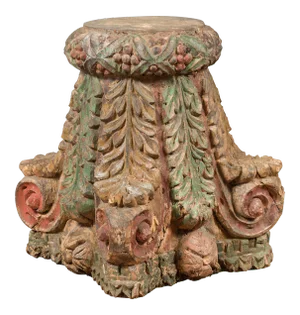 Indian Antique Temple Foliage Carved Capital with Original Green and Red Paint