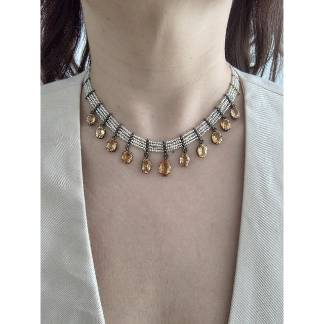 Victorian 1890s Victorian 28 Carats Imperial Topaz and Pearl Choker Necklace Gold Silver For Sale - Image 3 of 6