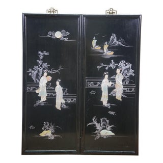 Black Lacquered Mother of Pearl Geisha Garden Courtyard Panels 24" For Sale