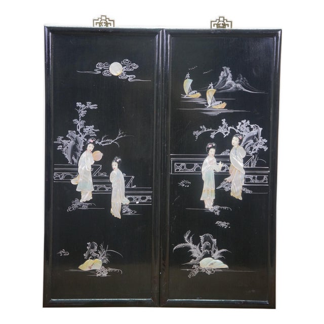 Black Lacquered Mother of Pearl Geisha Garden Courtyard Panels 24" For Sale