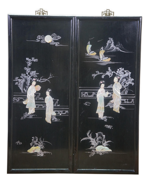 Black Lacquered Mother of Pearl Geisha Garden Courtyard Panels 24"