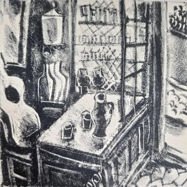 Jean Gabriel Daragnès, Interior with guitar, l1946 Beautiful lithograph in excellent condition: 30 x 28 cm I have official...
