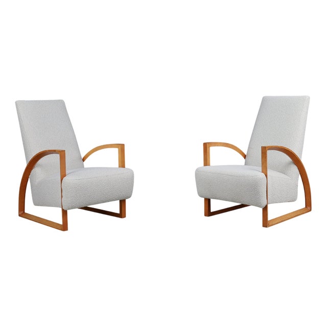 Dutch Modernist Oak Armchairs in New Bouclé Upholstery, the Netherlands, 1960s, Set of 2 For Sale