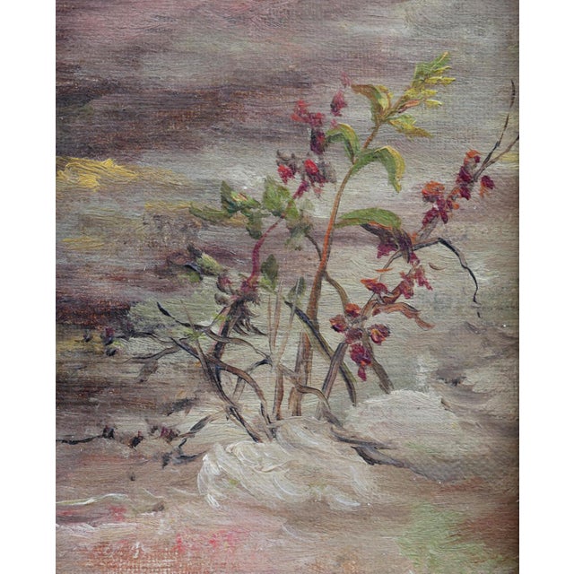 Naturalistic painting of a pastoral farm life scene. The work features a central figure dressed in a hat with a basket...