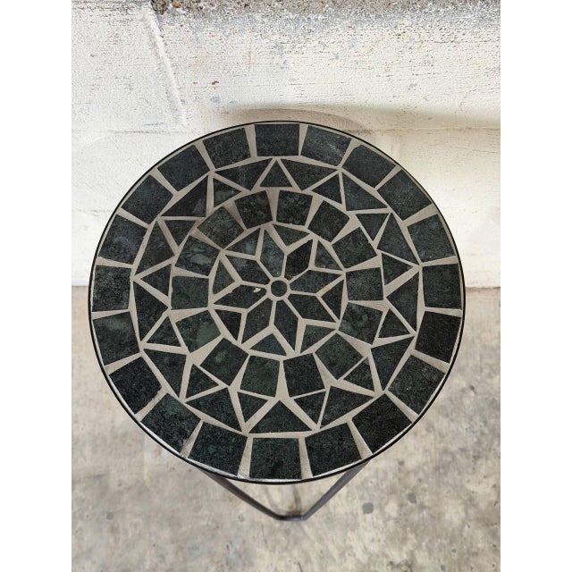 Mid-Century Modern Black Stone Mosaic Top Plant Pedestal With Metal Hairpin Legs Vintage 1970s For Sale - Image 3 of 10