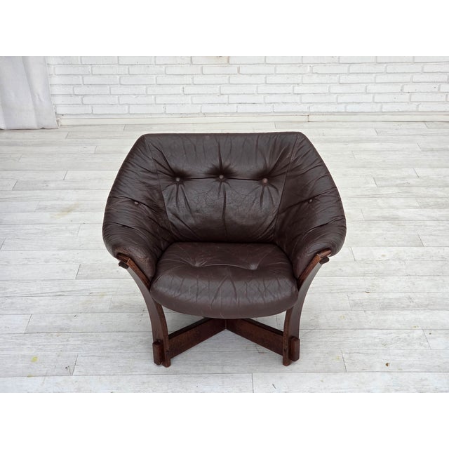 Brown Scandinavian Lounge Chair in Furniture Leather and Oak, 1970s For Sale - Image 8 of 18