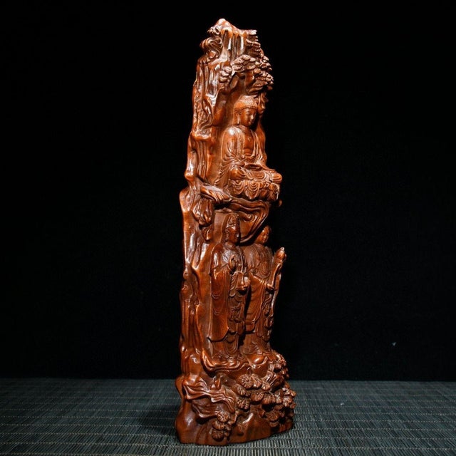 Wood Vintage Chinese Boxwood Carving of the Buddhist Triad (Western Paradise) For Sale - Image 7 of 9