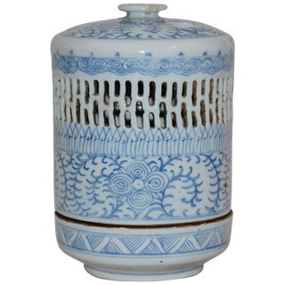 Early 1900s Blue and White Asian Pierced Ceramic Incense Burner For Sale